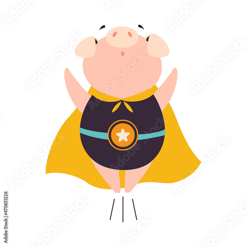 Pink Pig Superhero Character in Cloak Having Super Power Vector Illustration