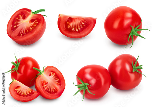 Tomato with slices isolated on white background with full depth of field. Set or collection