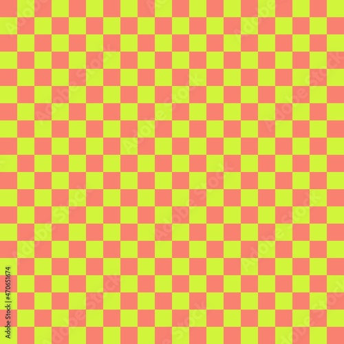 Two color checkerboard. Lime and Salmon colors of checkerboard. Chessboard, checkerboard texture. Squares pattern. Background.