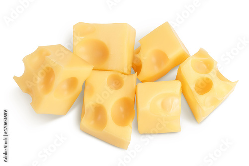 cubes of cheese isolated on white background with clipping path. Top view. Flat lay
