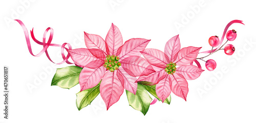 Watercolor Christmas wreath. Transparent poinsettia flowers, holly berries, festive ribbons. Hand painted illustration for winter holiday season, greeting cards, banners, calendars