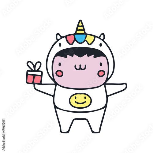 Kawaii kid in unicorn costume holding gift illustration. Vector graphics for t-shirt prints and other uses.