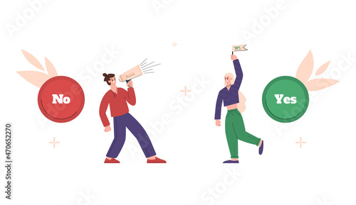 People persuading to choose Yes or No button, flat vector illustration isolated.