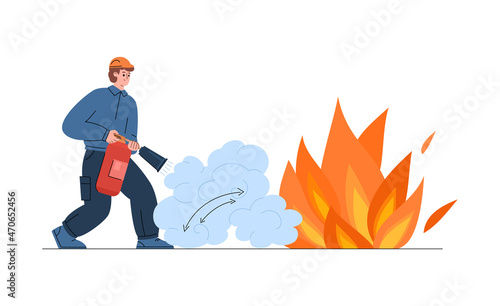 Firefighter using fire extinguisher flat vector illustration isolated.