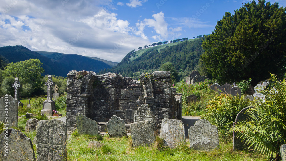 Glendalough, Wicklow Mountains, Celtic cementery, Ireland, Ruins of celtic crosses and graves