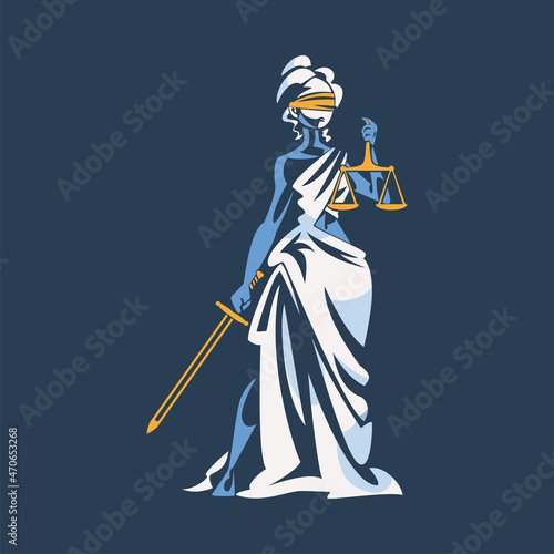 Themis as Ancient Greek Goddess and Lady Justice with Blindfold Holding Scales and Sword Vector Illustration