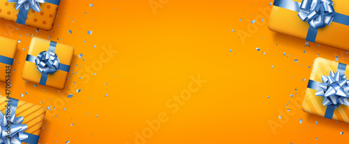 Yellow gift box with blue bow.