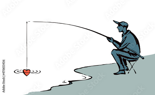Vector drawing. The fisherman catches the heart