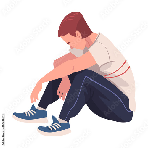 Tired Young Man Sitting on the Floor with Bended Legs Vector Illustration