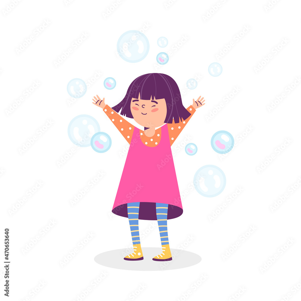 Joyful girl playing with soap bubbles flat vector illustration isolated.
