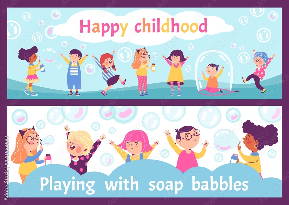 Festive soap bubble show or children party flyers, flat vector illustration. Festive soap bubble show or children party flyers, flat vector illustration.