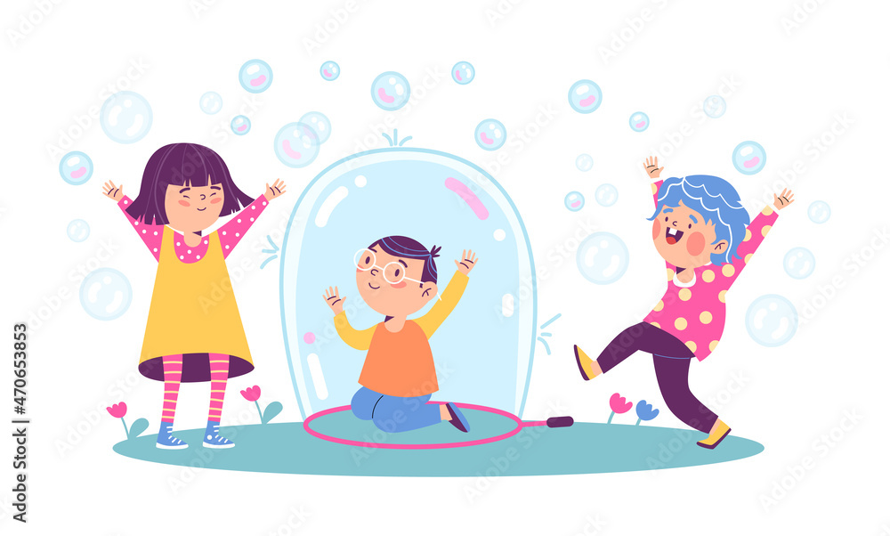 Cute children playing outdoor with soap bubbles, flat vector illustration isolated on white background. Cute children playing outdoor with soap bubbles, flat vector illustration isolated on white background.
