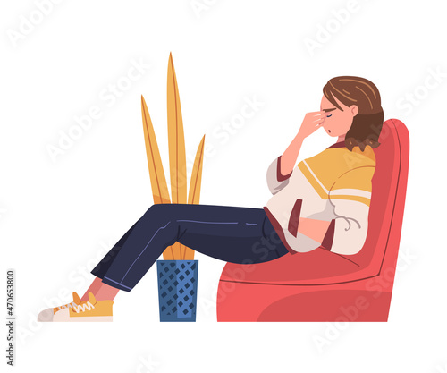 Tired Young Woman Sitting on Armchair Scratching Forehead Vector Illustration