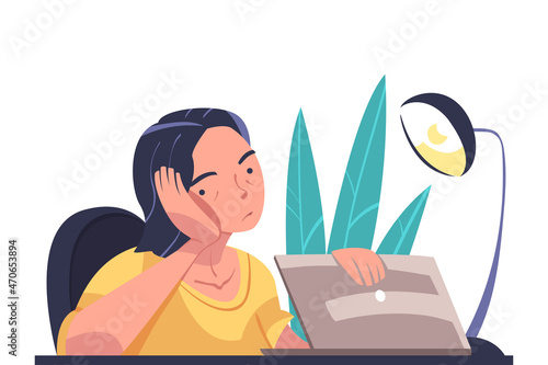 Tired Young Woman Sitting at Laptop Holding Head with Hands Vector Illustration