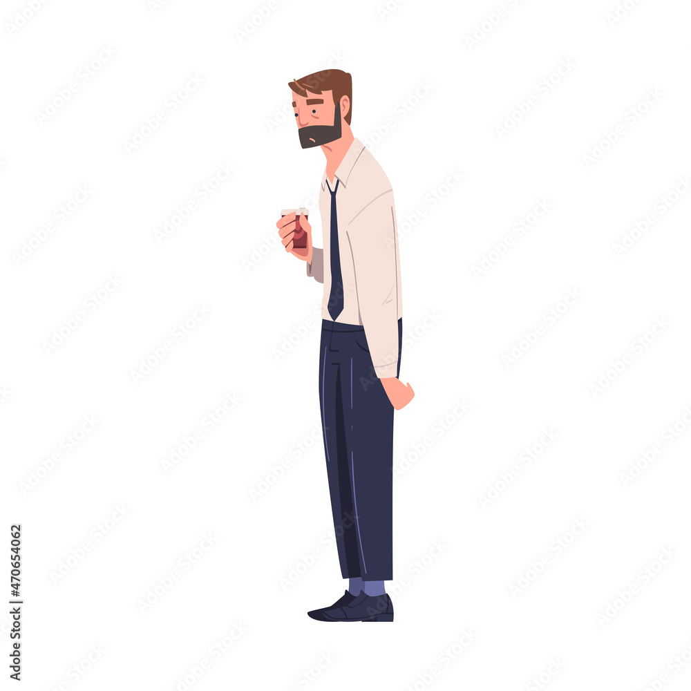 Tired Young Bearded Man Wearing Tie Holding Coffee Cup Vector Illustration Tired Young Bearded Man Wearing Tie Holding Coffee Cup Vector Illustration