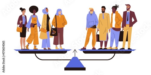 Gender equality with men and women on scales, flat vector illustration isolated.