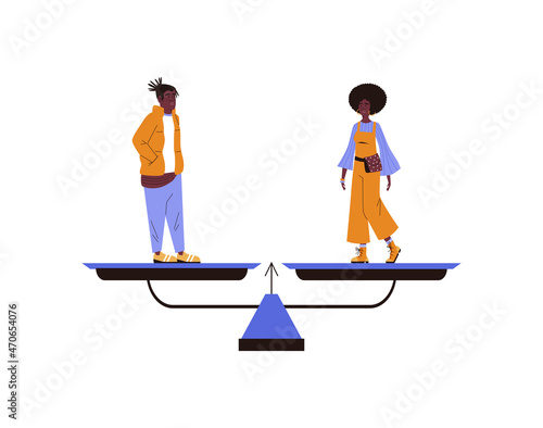 Black man and woman on scale. Movement for equal rights and against racism, gender or sexual discrimination concept.