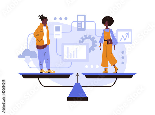 Equal rights for all genders in black community flat vector. Black man and woman have equal weight on the scale.