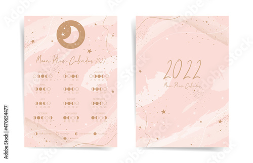 One page night sky lunar calendar 2022 year card. Aesthetic pink moon calendar 2022 poster template design. Lunar phases schedule concept. Vector illustration background. Rose monthly calendar.
