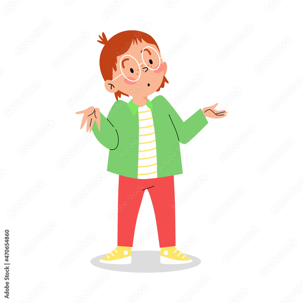 Confused thoughtful child shrugging shoulders flat vector illustration isolated.