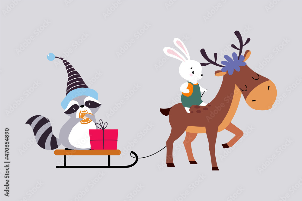 Fototapeta premium Cute Hare on Deer Pulling Sledge with Raccoon and Gift Box Enjoying Winter Season Vector Illustration