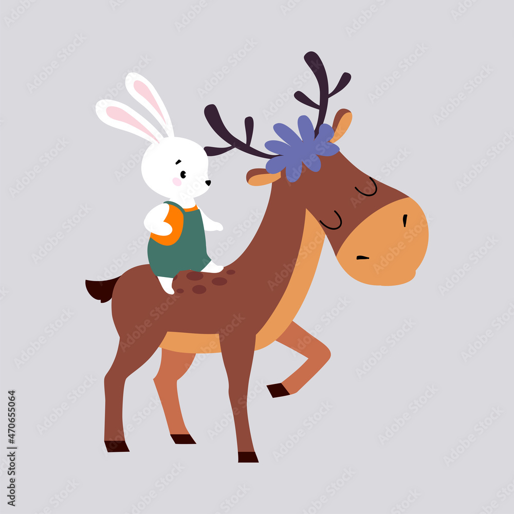 Cute Hare Riding Deer Enjoying Winter Season Vector Illustration