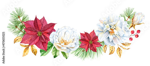 Christmas garland with poinsettia flower, pine branches and golden rose. Big horizontal arch arrangement. Watercolor hand painted illustration for winter holiday season, greeting cards, banners