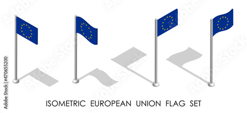 isometric flag of EUROPEAN UNION in static position and in motion on flagpole. 3d vector