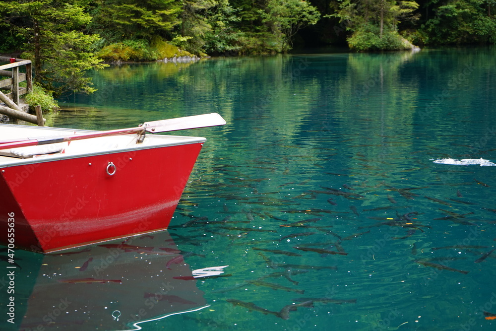 A boat on Blue lake, Blausee, in Bernese Oberland, Switzerland A boat on Blue lake, Blausee, in Bernese Oberland, Switzerland