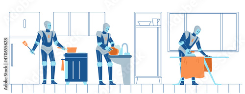 Home robot works on kitchen and with laundry, flat vector illustration isolated.
