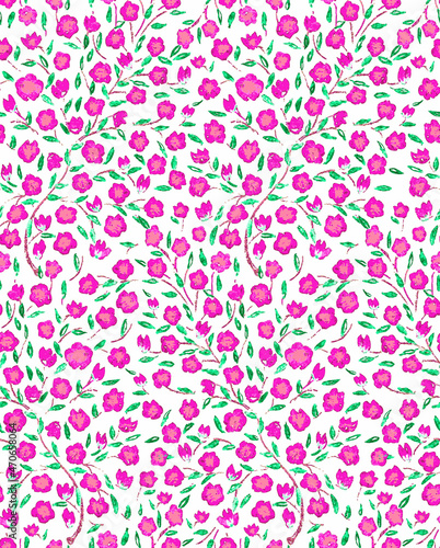 Seamless Pattern with Small Pink Flowers. Vector Hand Drawn Illustration.