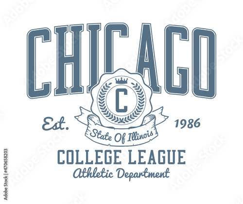 Chicago, Illinois college style t-shirt design. Typography graphics for athletic tee shirt. Original sportswear print. Vector illustration.