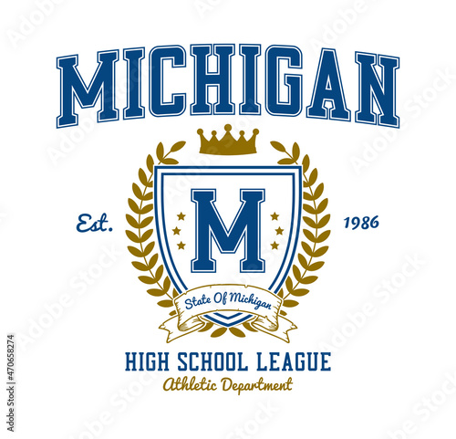 Michigan college style t-shirt design with shield, ribbon, crown and laurel wreath. Typography graphics for athletic tee shirt. Original sportswear print. Vector illustration.