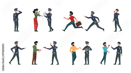 Police persons. Robbery murders and police officers in action poses garish vector flat persons in cartoon style