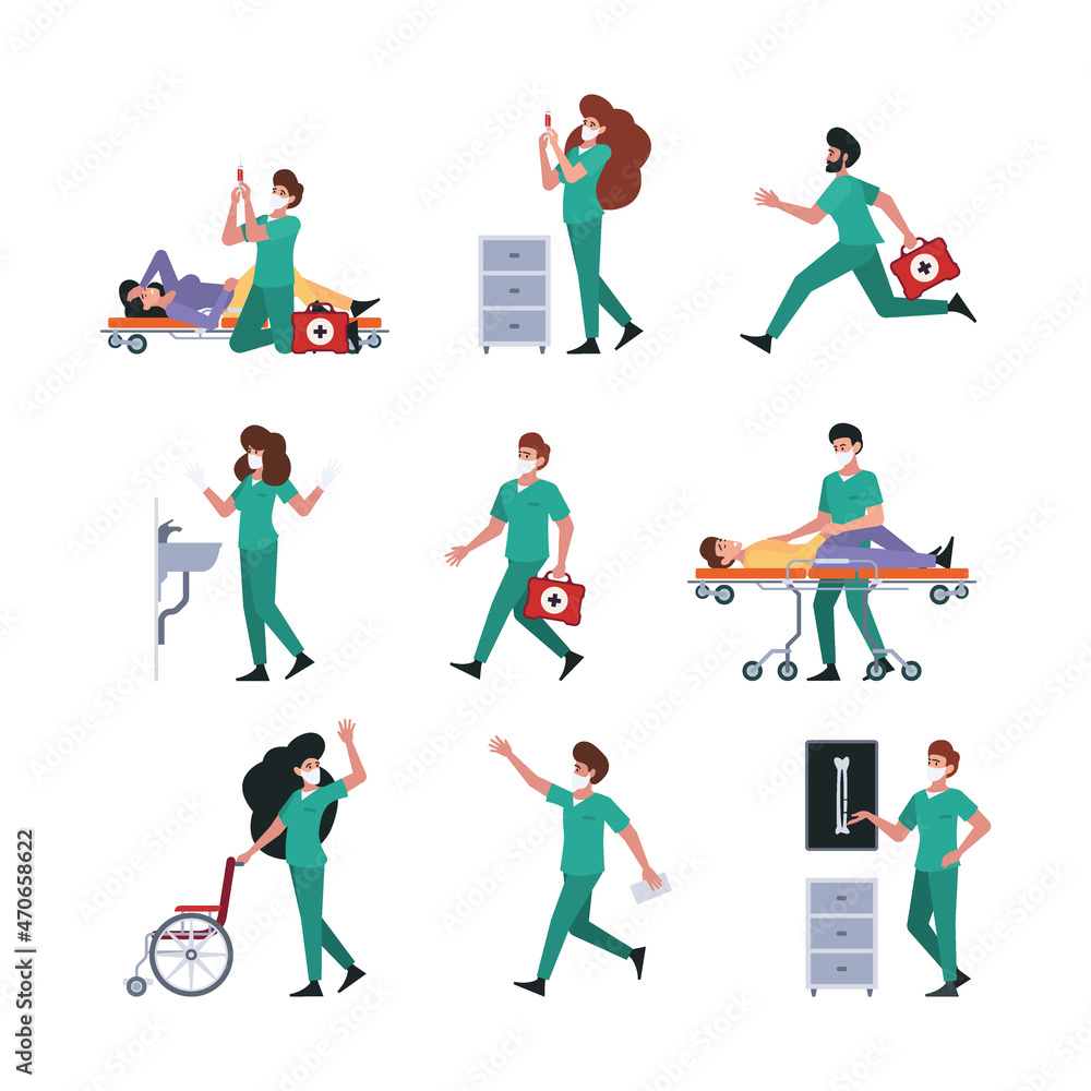 Medical characters. Emergency nurse and doctors helping people protection life garish vector people medical stuff