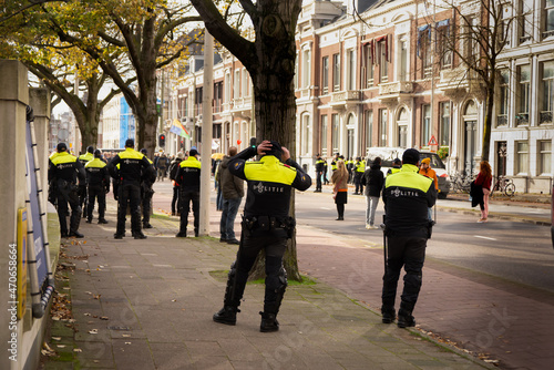 07 November 2021, Hague, Netherlands, Malieveld, Protest against measures for preventing COVID-19 infections, police forces on duty, providing order and protecting people lives and property