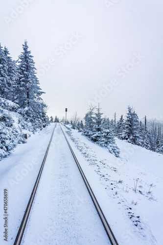 Brocken Railway and snowed in trees landscape Brocken Harz Germany © arkadijschell
