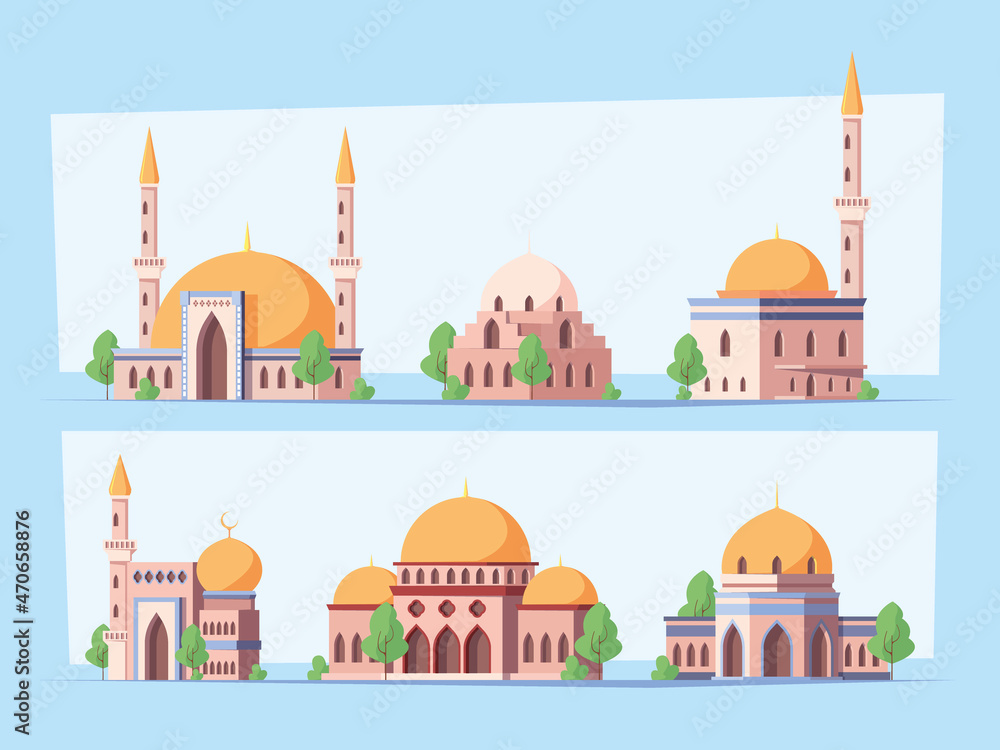 Mosque. Muslim religion buildings grand sheikh sultan arabesque home garish vector flat mosque construction roofs with domes