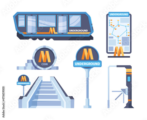 Metro symbols. City trains subway urban transportation metrobus transit metro systems stairs rails turnstile signs garish vector flat pictures