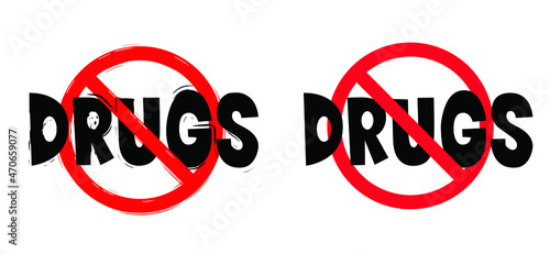 Stop drug addiction, no drugs. Concept for Red ribbon. Forbidding syringe, tobacco, and other drug, drugs addict, cocaine, heroin, crack, prevention concept. Drug free zone. For school or work.