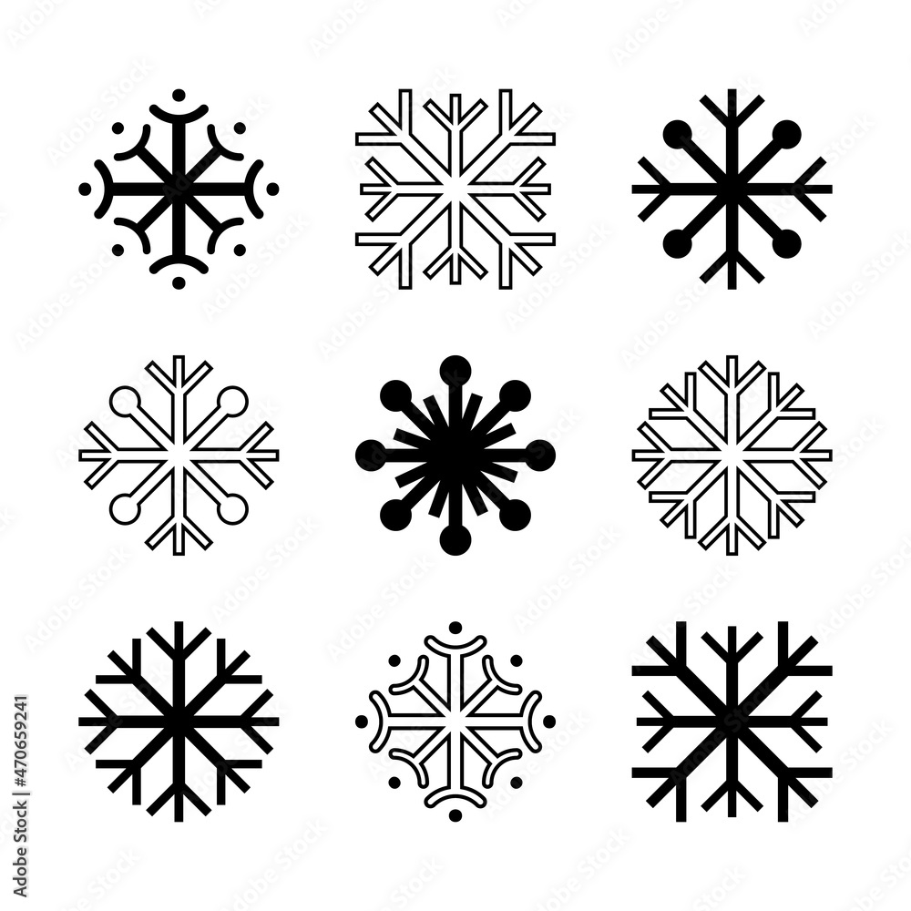 Set, collection of black and white snowflakes icons for winter holidays design.