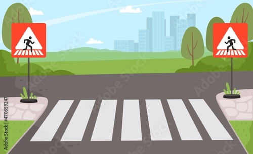 Crosswalk sign at street. Stop signs for cars, place for people walk road. Traffic, drive rules vector illustration