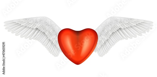 Flying heart. Red heart with white wings. Love romantic or support symbol. Volunteering and donation vector element