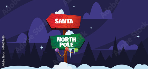 North pole background. Fairytale christmas snow landscape with wooden direction arrow garish vector nature cartoon illustration
