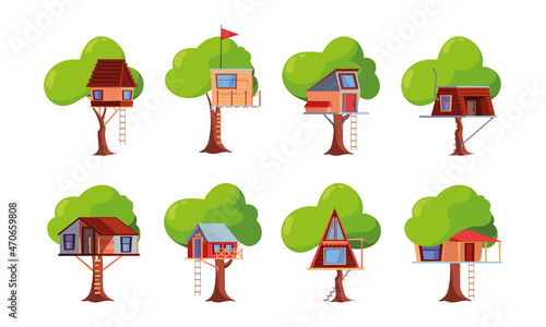 Wooden house on tree. Children funny room tree entertainment for kids garish vector flat illustrations