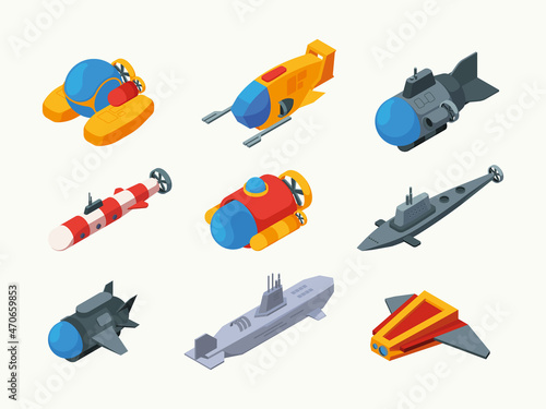 Underwater boat. Navy submarine ocean or sea exploration military diving equipment garish vector ship isometric