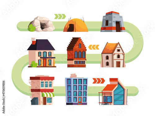 Building evolution. Cave and ancient houses futuristic architectural technology wooden villa garish vector cartoon pictures set