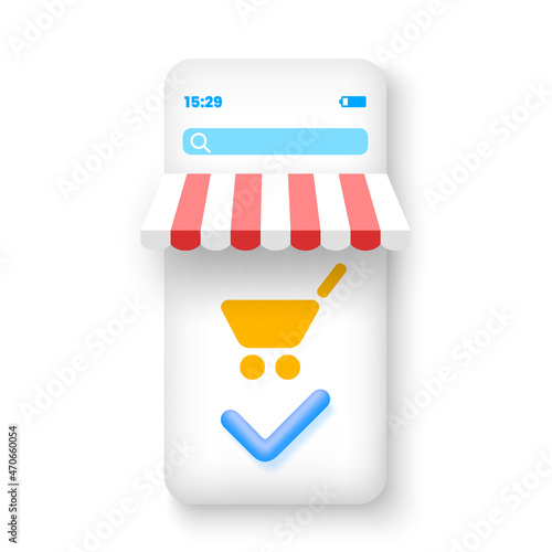 White smartphone with visor and shopping basket in minimal 3D cartoon design. Online store banner with mark on successful payment of purchase. Vector illustration.