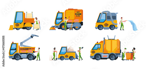Cleaning service. Urban vehicles cleaners street sweepers bad dust environment garbage removing cars garish vector cartoon illustrations