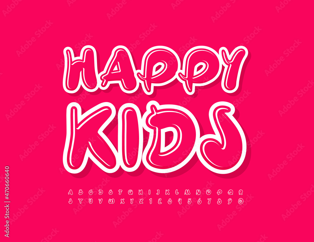 Vector funny sign Happy Kids. Artistic bright Font. Handwritten pink Alphabet Letters and Numbers